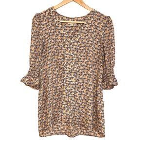 Alex & lili Medium Smocked Sleeve V Neck Patterned Office Career Blouse Feminine